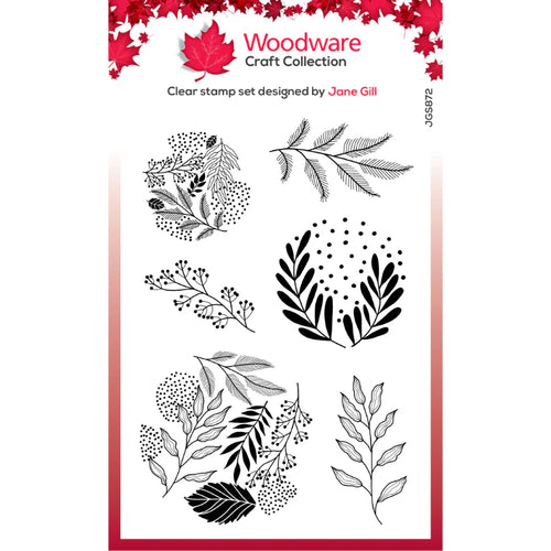 Paintable Baubles Leafy Fillers 4x6” Clear Stamps Woodware JGS872